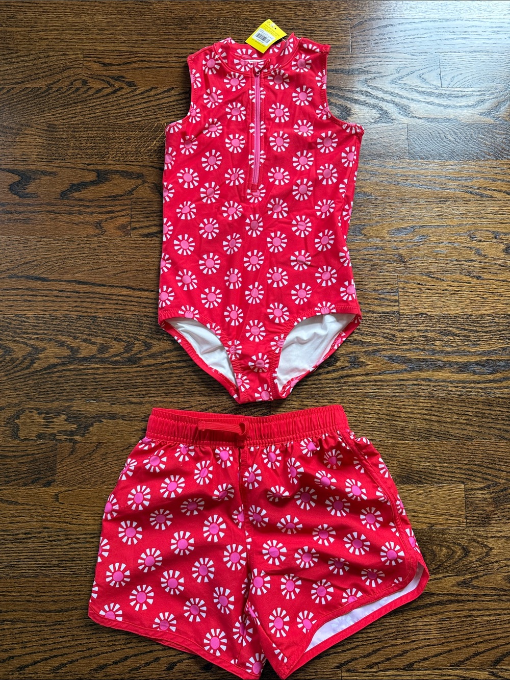 NWT Primary Girls Pink Red Sun Zip Swim one piece and drawstring trunks size 6/7
